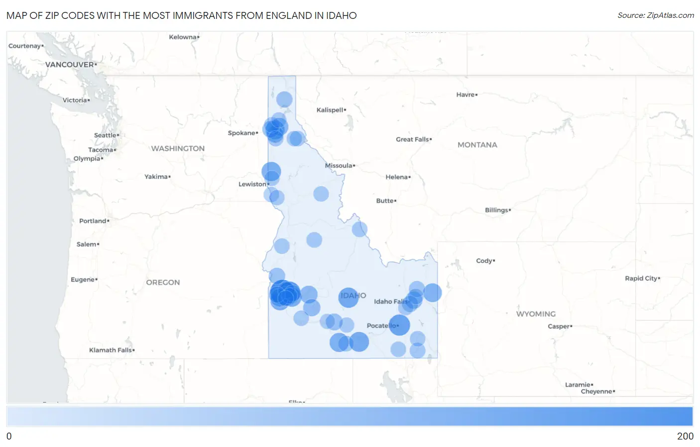 Zip Codes with the Most Immigrants from England in Idaho Map