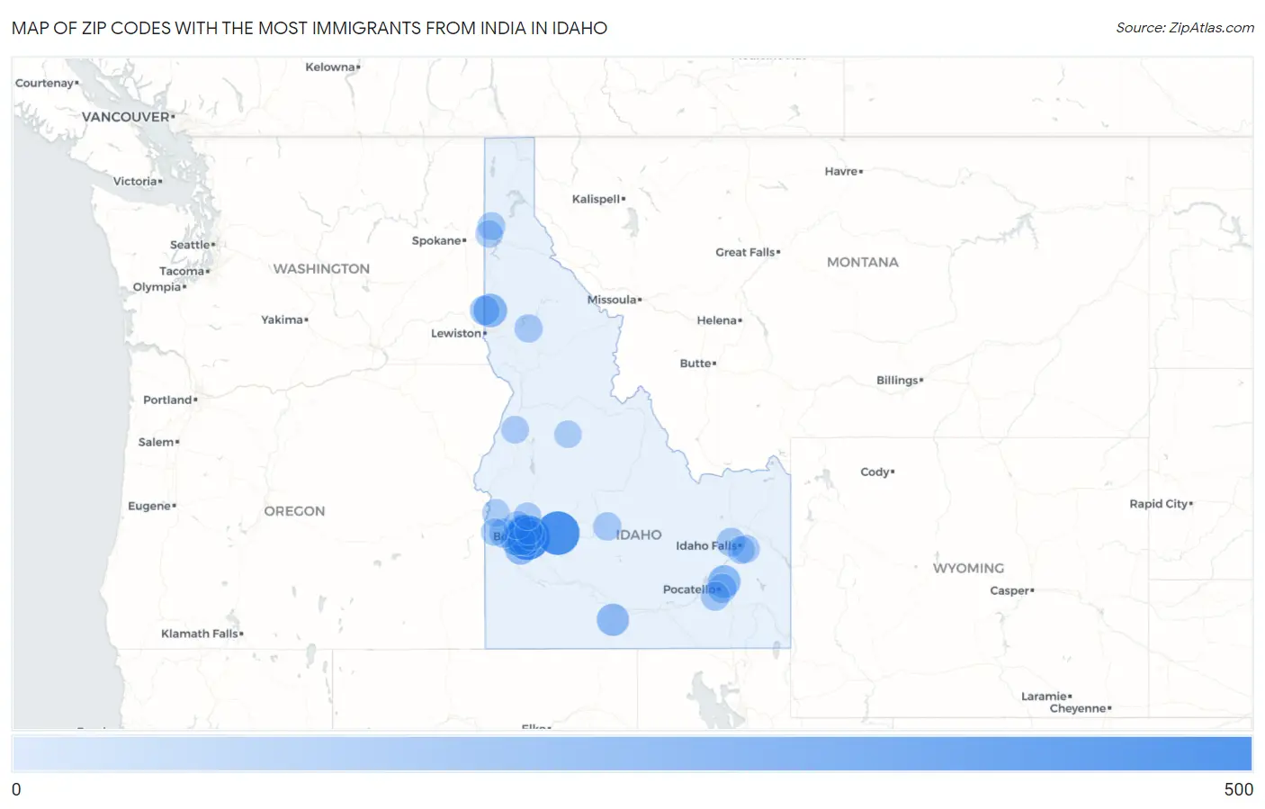 Zip Codes with the Most Immigrants from India in Idaho Map