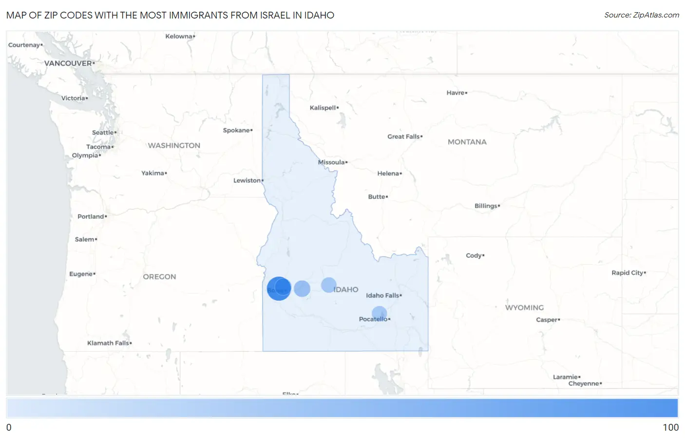 Zip Codes with the Most Immigrants from Israel in Idaho Map