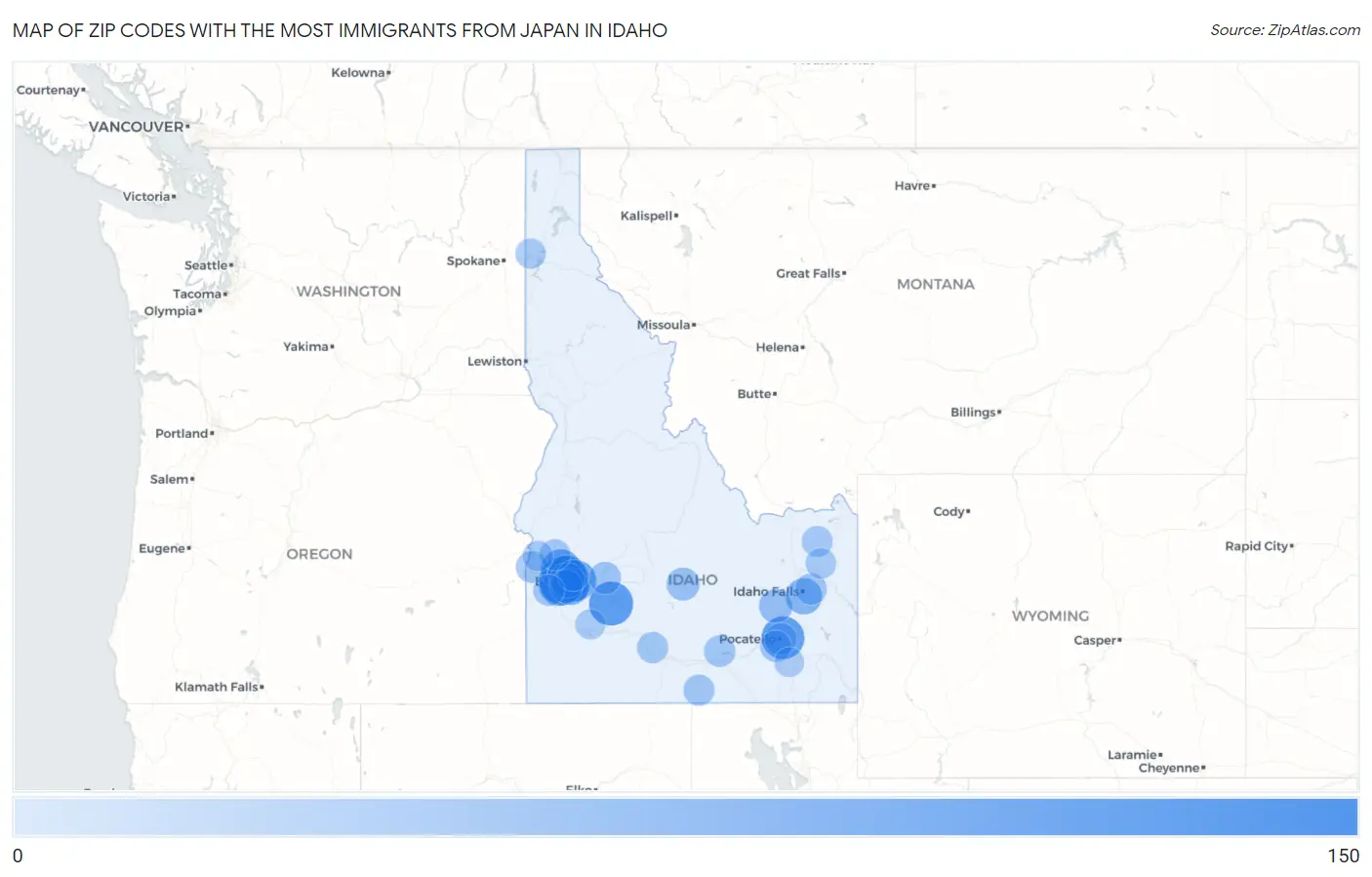 Zip Codes with the Most Immigrants from Japan in Idaho Map