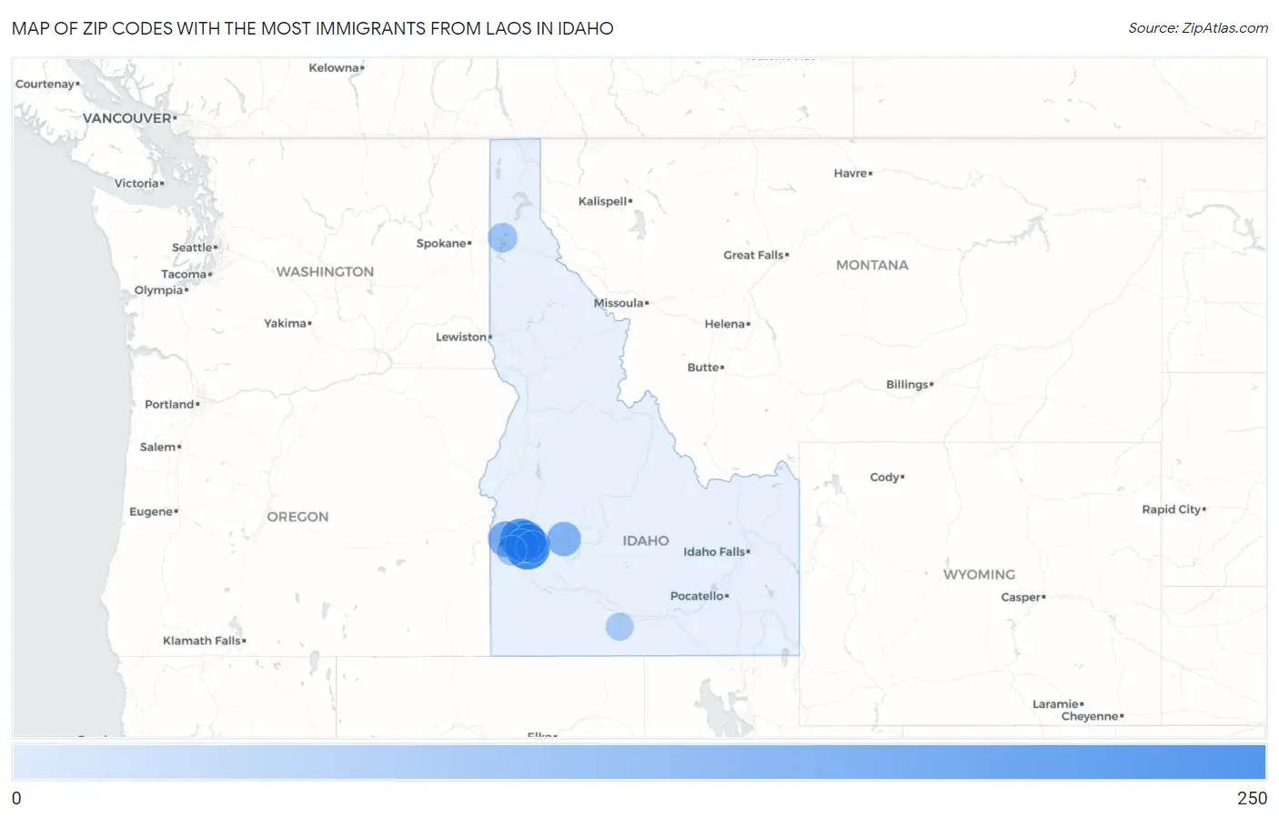 Zip Codes with the Most Immigrants from Laos in Idaho Map