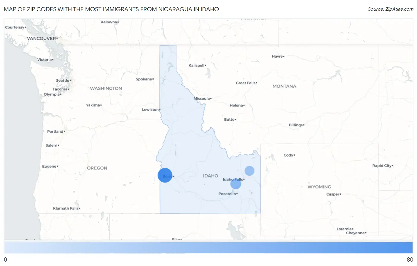 Zip Codes with the Most Immigrants from Nicaragua in Idaho Map