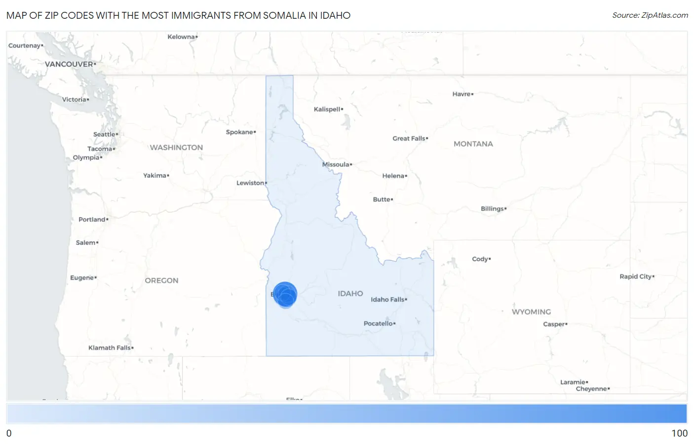 Zip Codes with the Most Immigrants from Somalia in Idaho Map