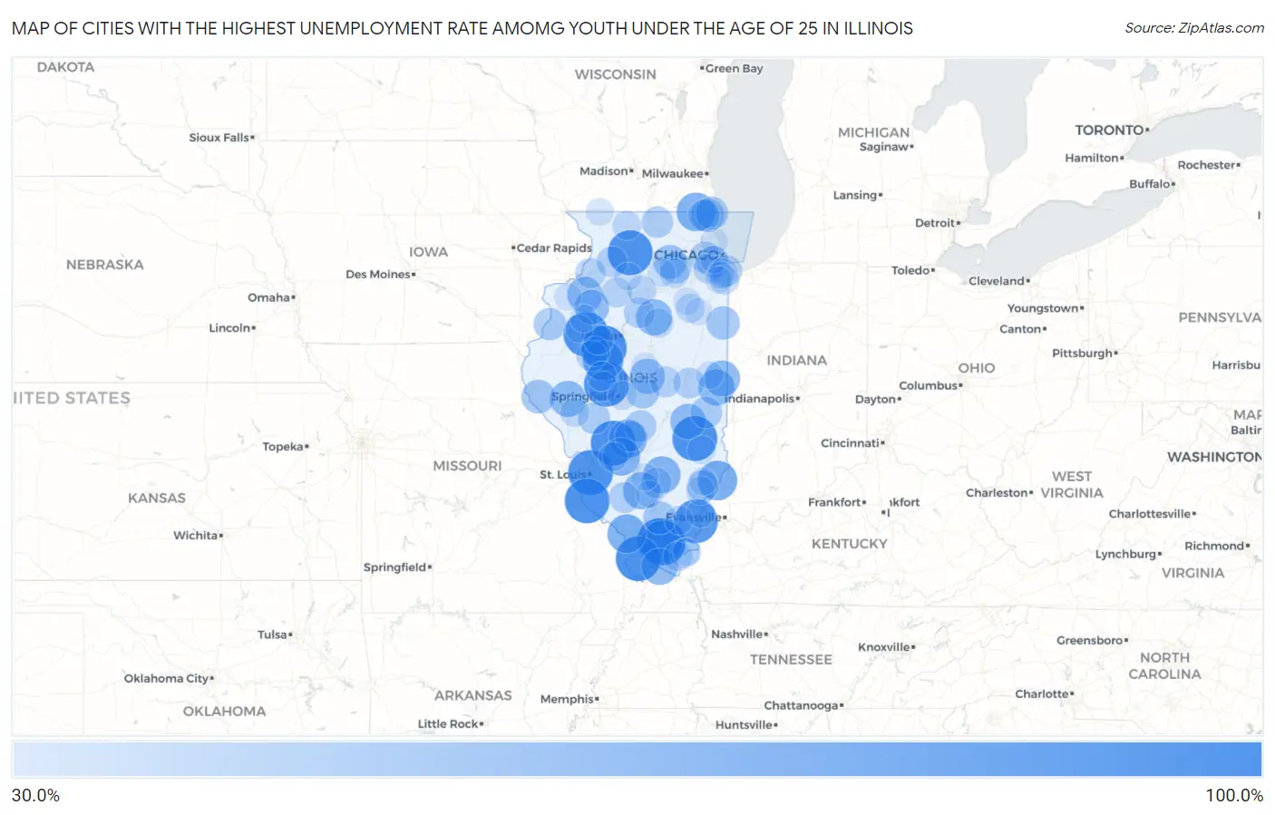 Cities with the Highest Unemployment Rate Amomg Youth Under the Age of 25 in Illinois Map
