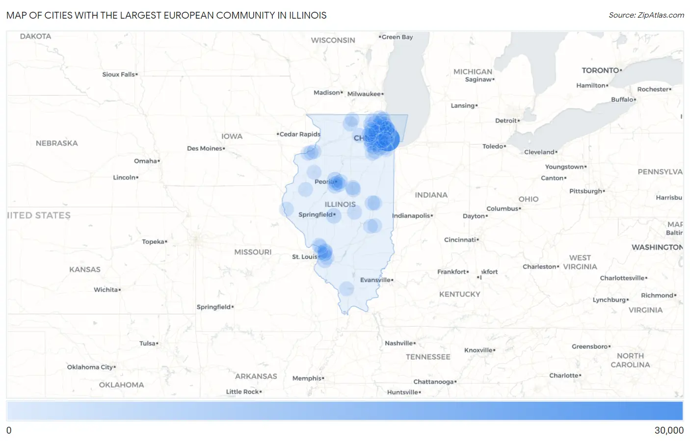 Cities with the Largest European Community in Illinois Map