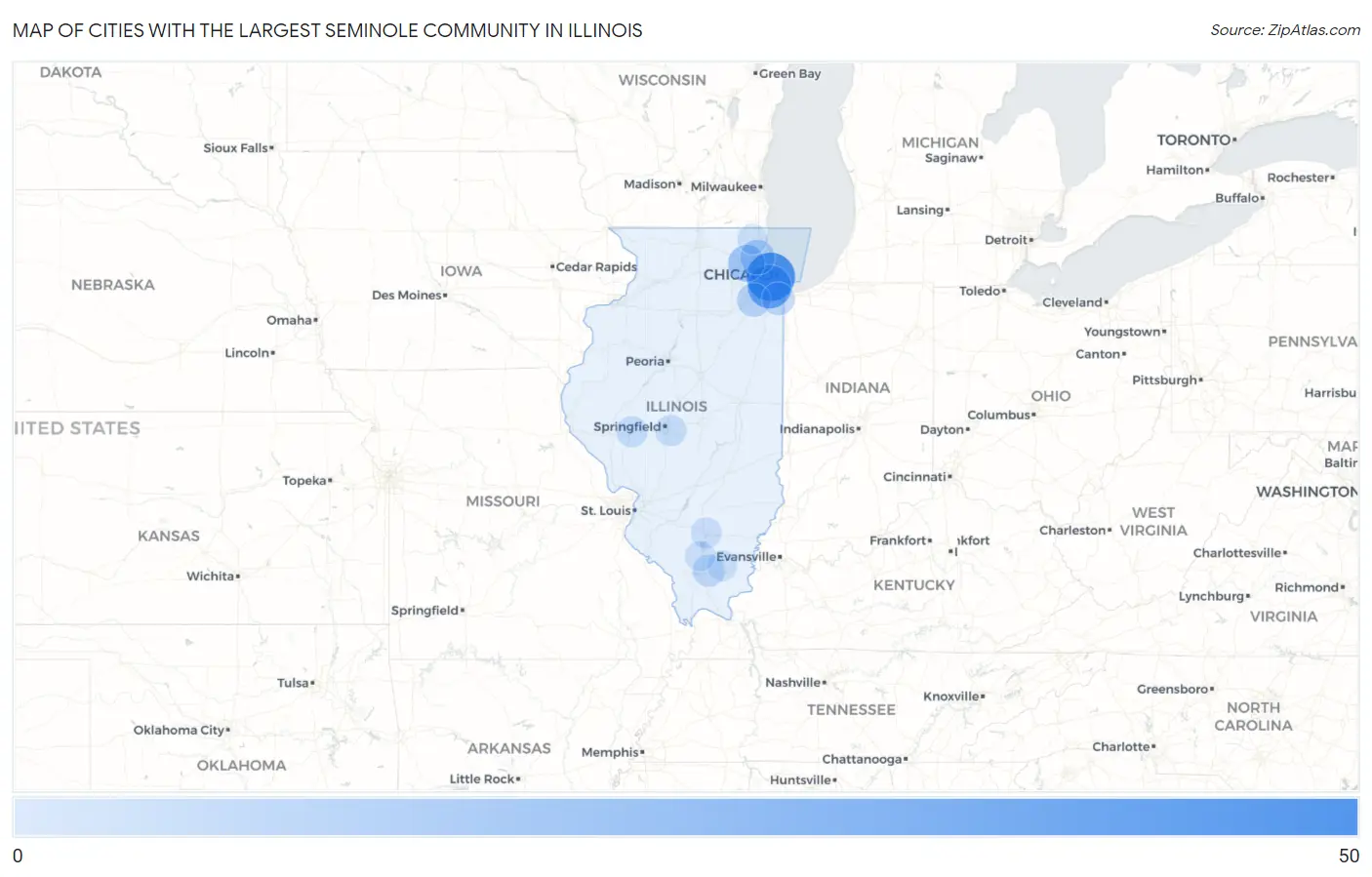 Cities with the Largest Seminole Community in Illinois Map