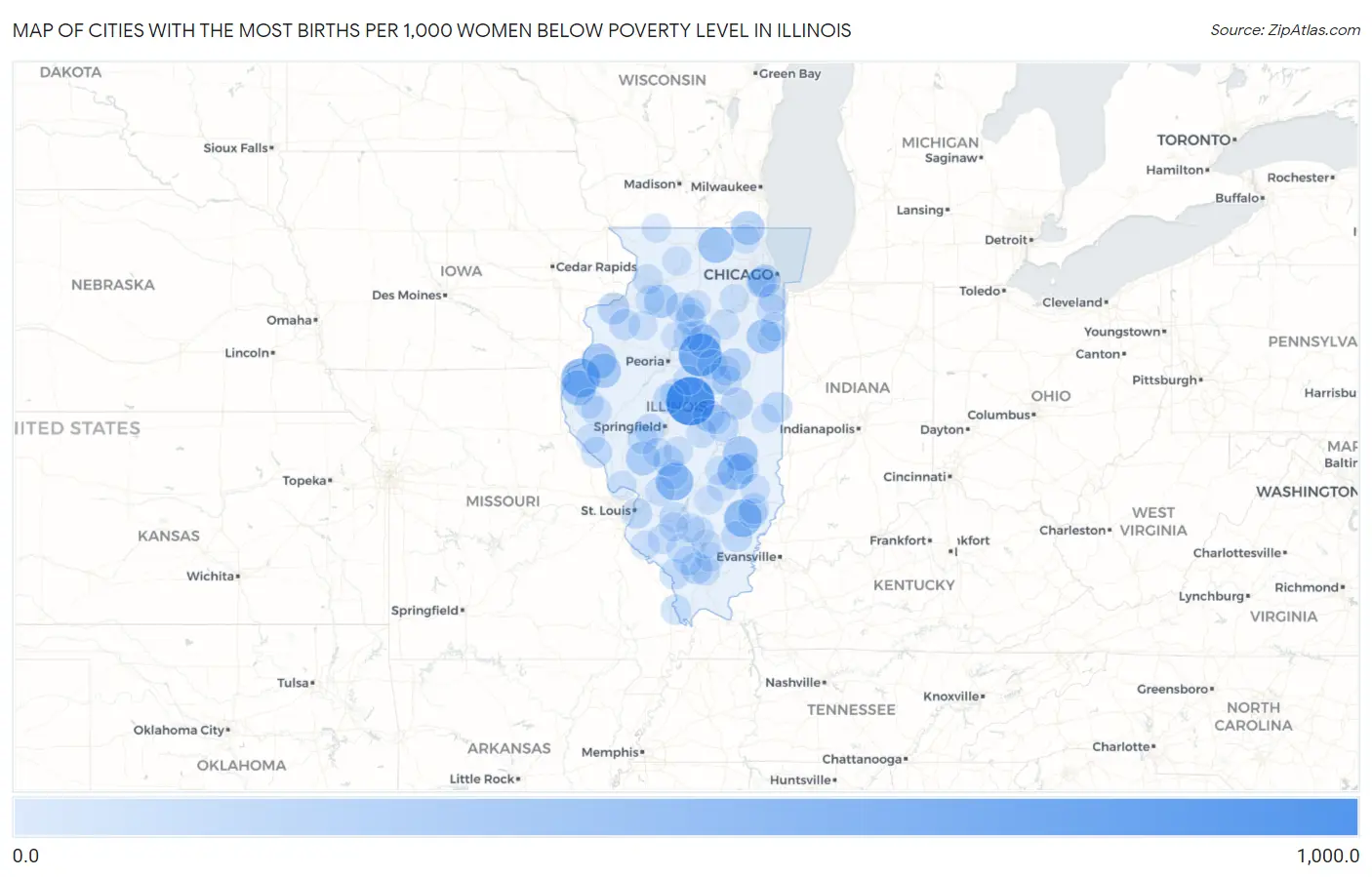 Cities with the Most Births per 1,000 Women Below Poverty Level in Illinois Map