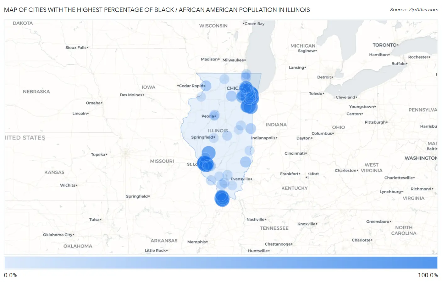 Cities with the Highest Percentage of Black / African American Population in Illinois Map