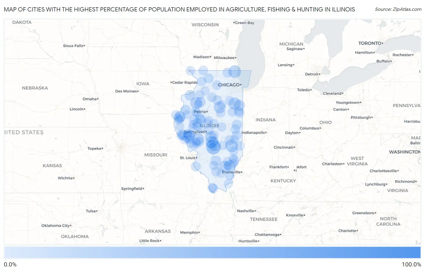 Cities with the Highest Percentage of Population Employed in Agriculture, Fishing & Hunting in Illinois Map