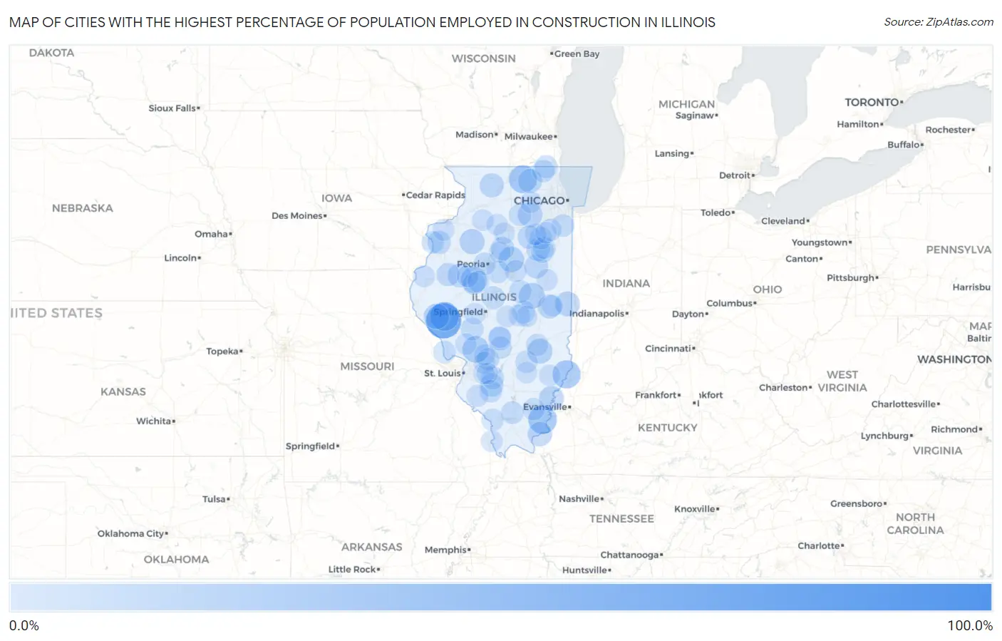 Cities with the Highest Percentage of Population Employed in Construction in Illinois Map