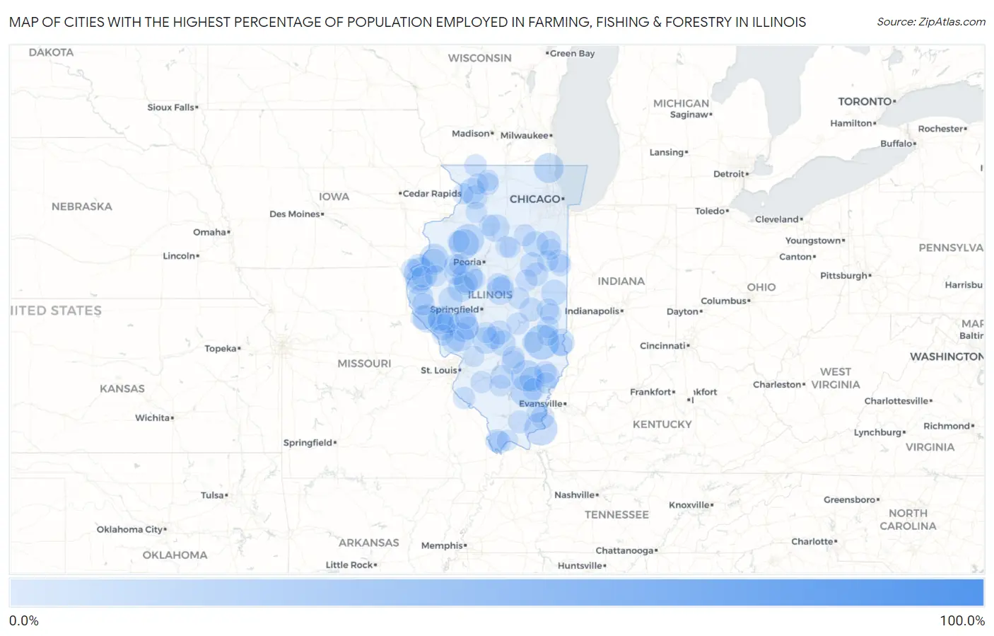 Cities with the Highest Percentage of Population Employed in Farming, Fishing & Forestry in Illinois Map