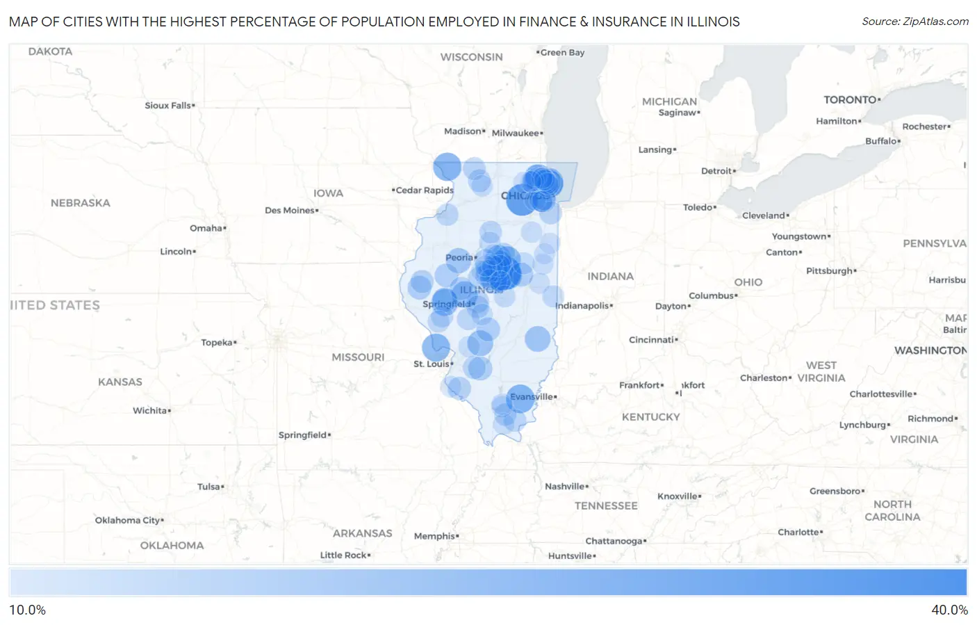 Cities with the Highest Percentage of Population Employed in Finance & Insurance in Illinois Map