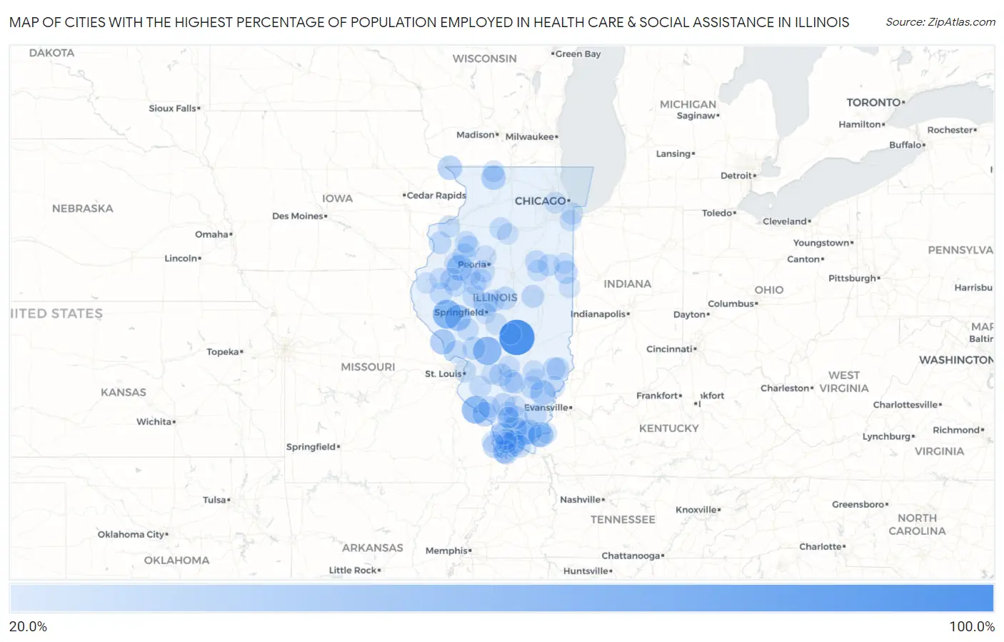 Cities with the Highest Percentage of Population Employed in Health Care & Social Assistance in Illinois Map