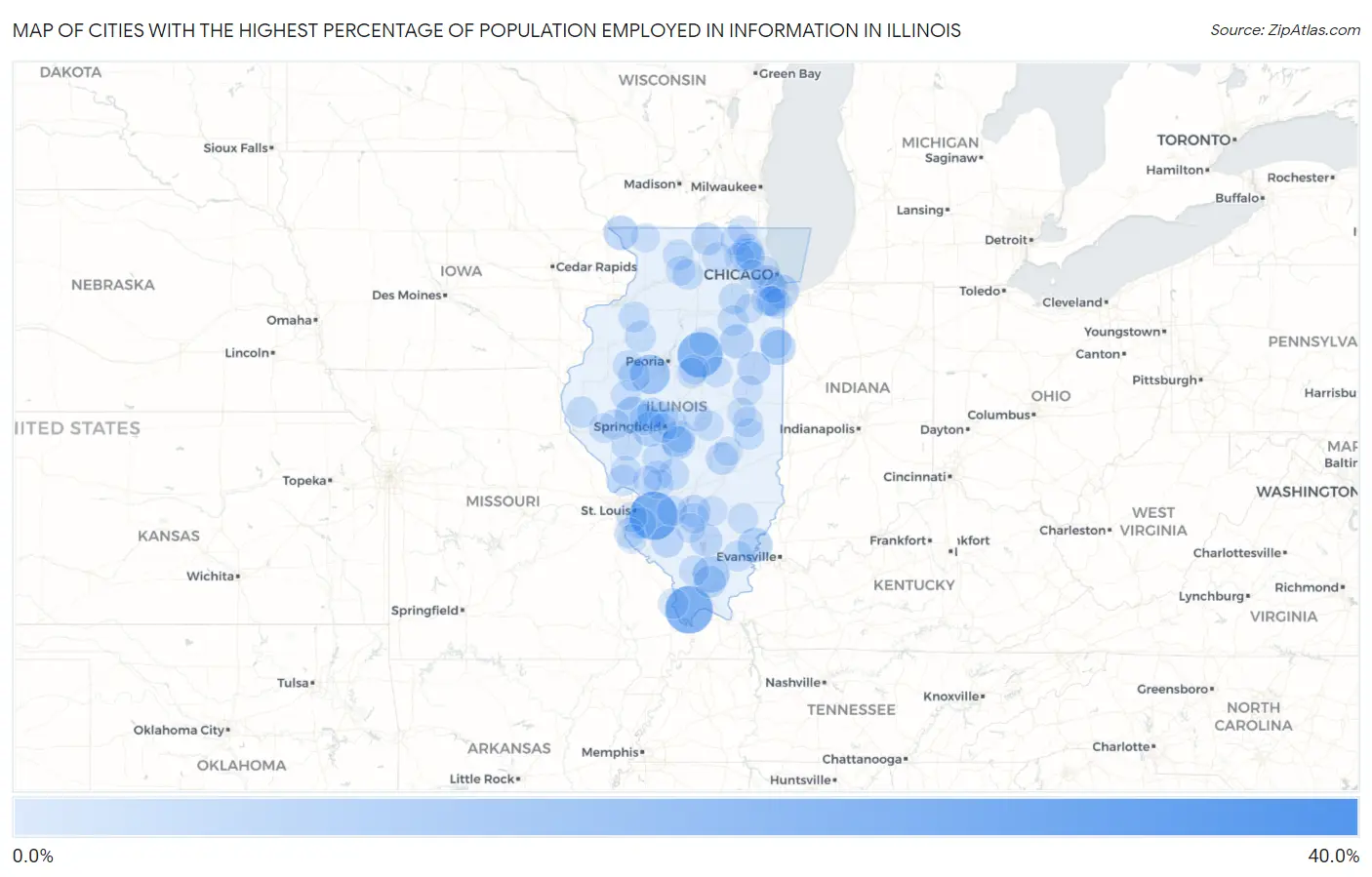 Cities with the Highest Percentage of Population Employed in Information in Illinois Map
