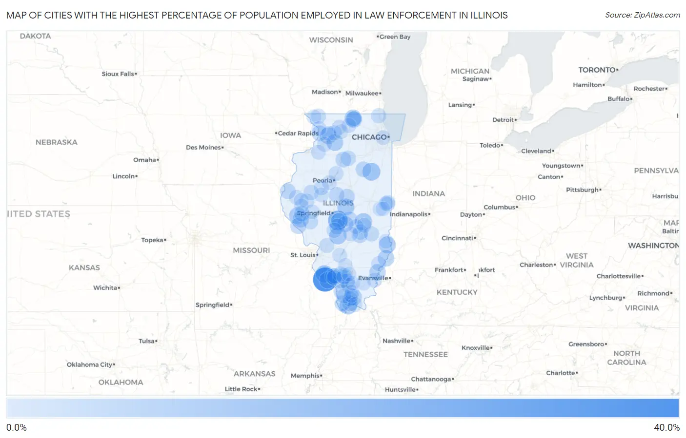 Cities with the Highest Percentage of Population Employed in Law Enforcement in Illinois Map