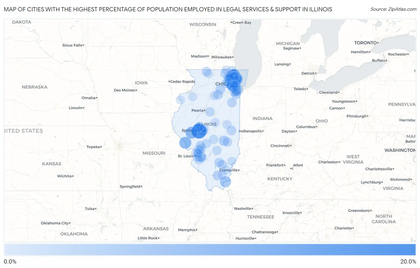 Cities with the Highest Percentage of Population Employed in Legal Services & Support in Illinois Map