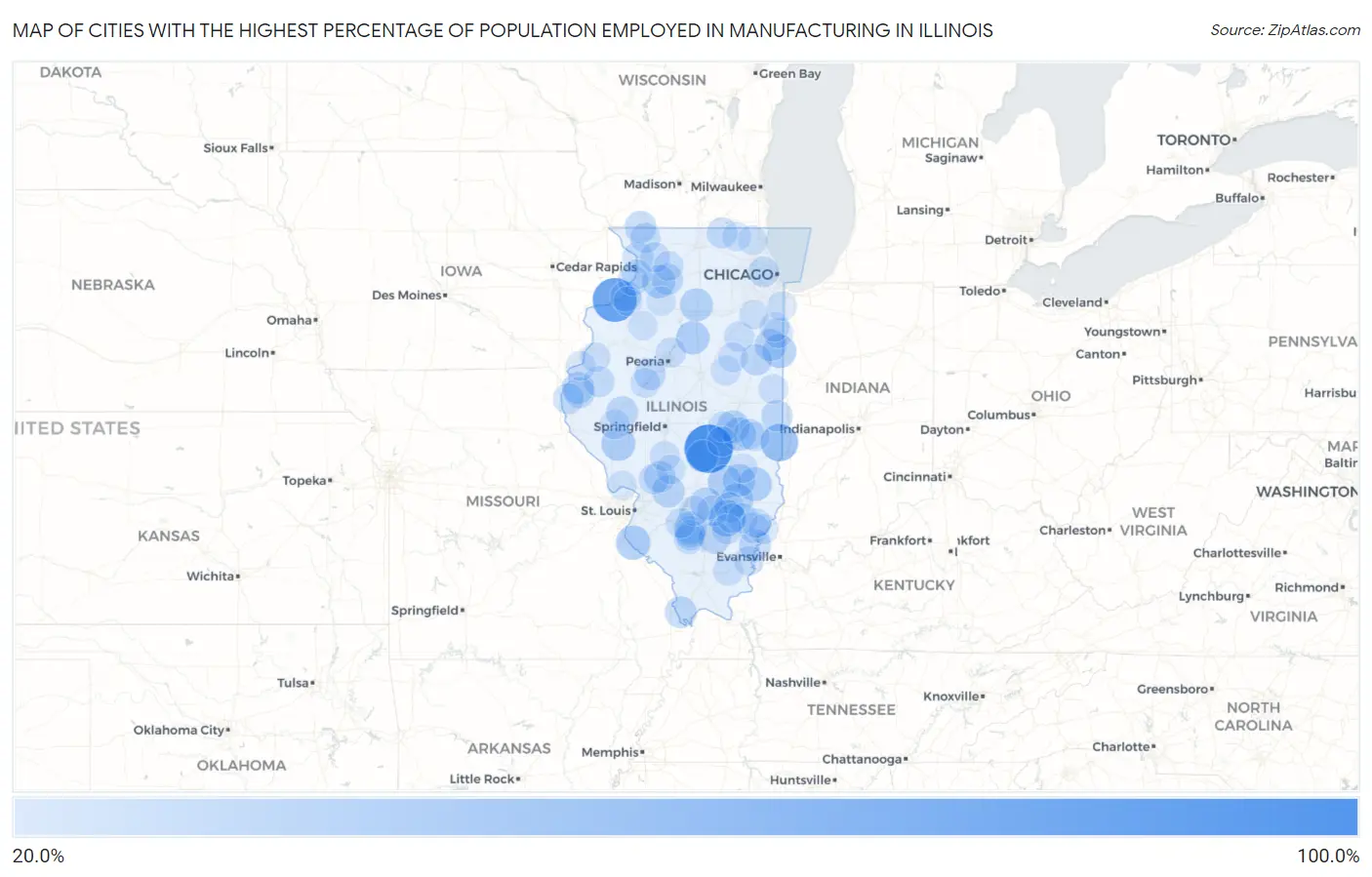 Cities with the Highest Percentage of Population Employed in Manufacturing in Illinois Map