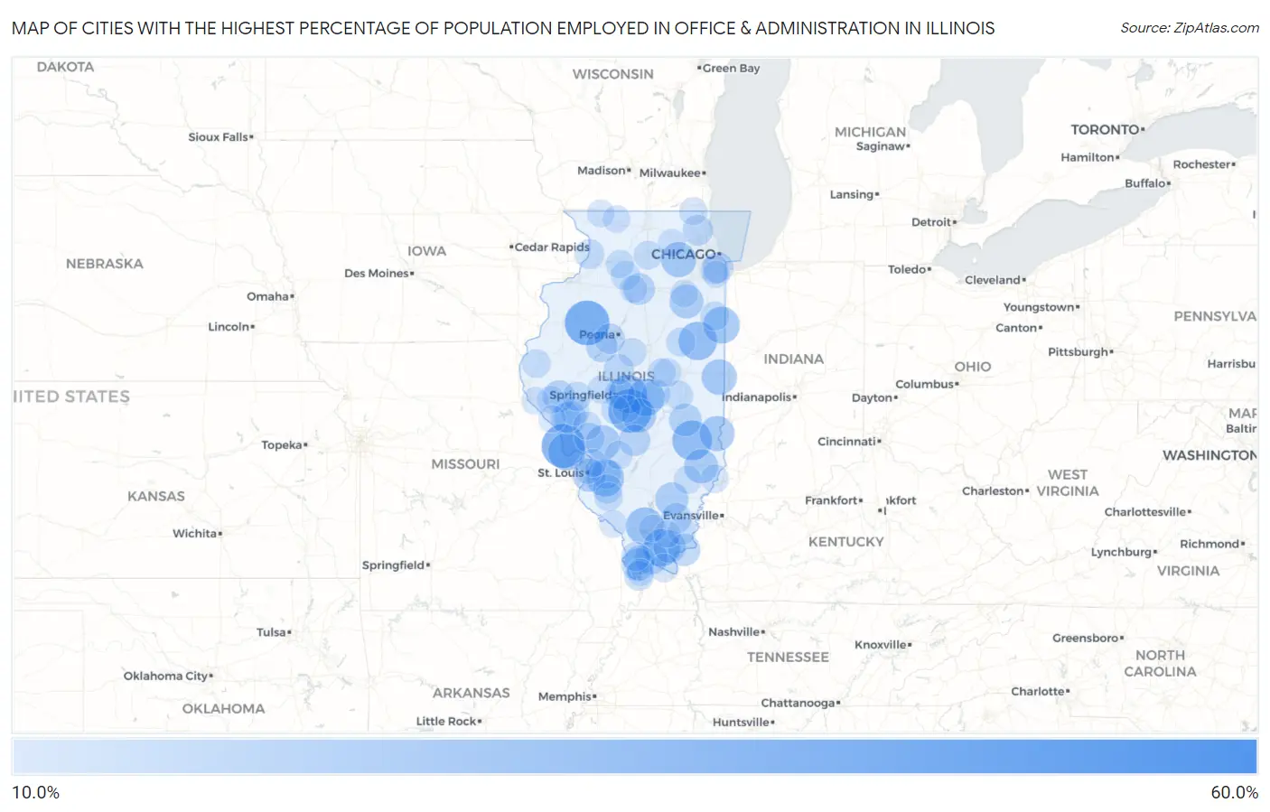 Cities with the Highest Percentage of Population Employed in Office & Administration in Illinois Map