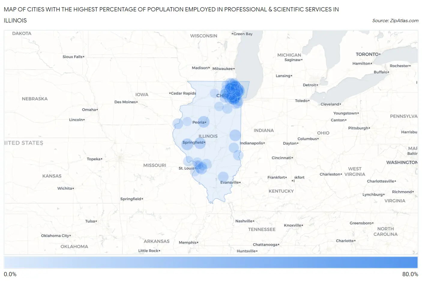 Cities with the Highest Percentage of Population Employed in Professional & Scientific Services in Illinois Map