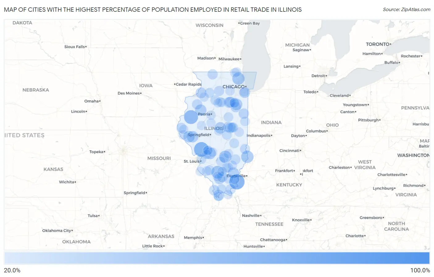 Cities with the Highest Percentage of Population Employed in Retail Trade in Illinois Map