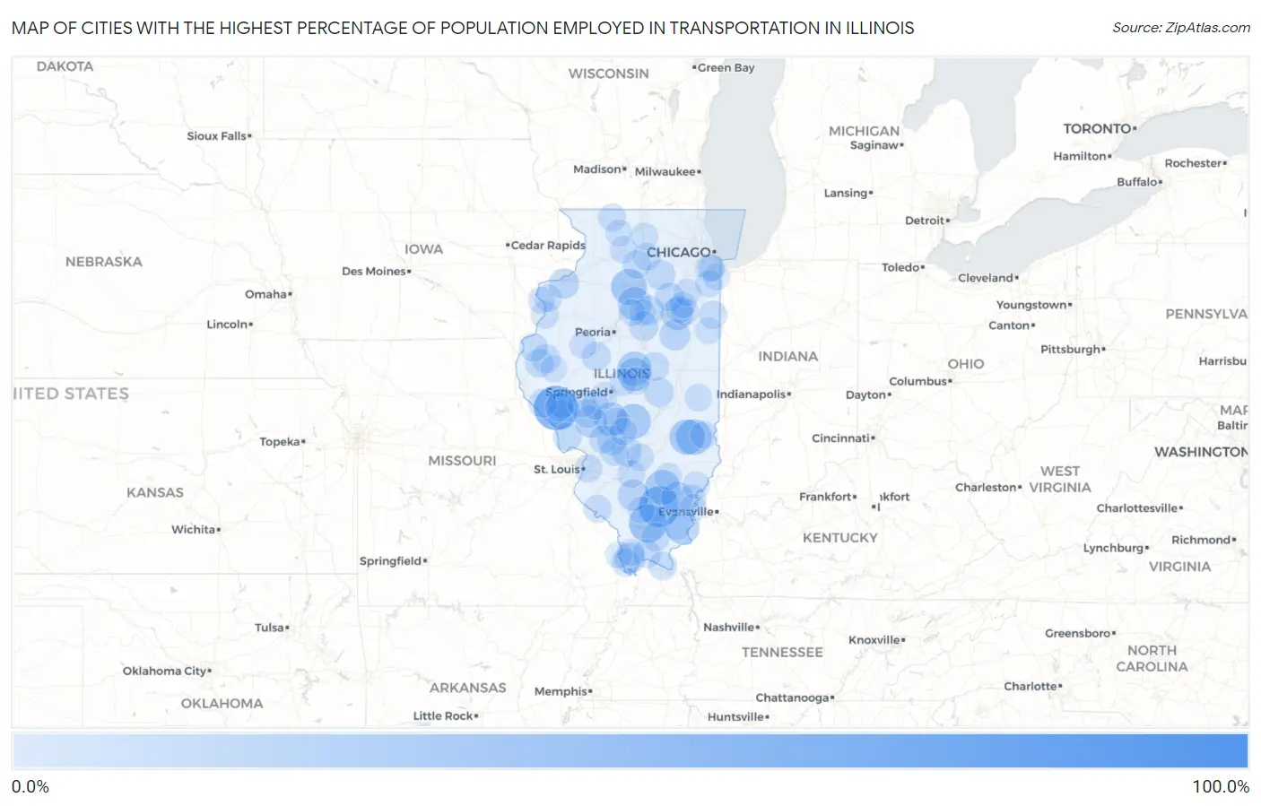Cities with the Highest Percentage of Population Employed in Transportation in Illinois Map