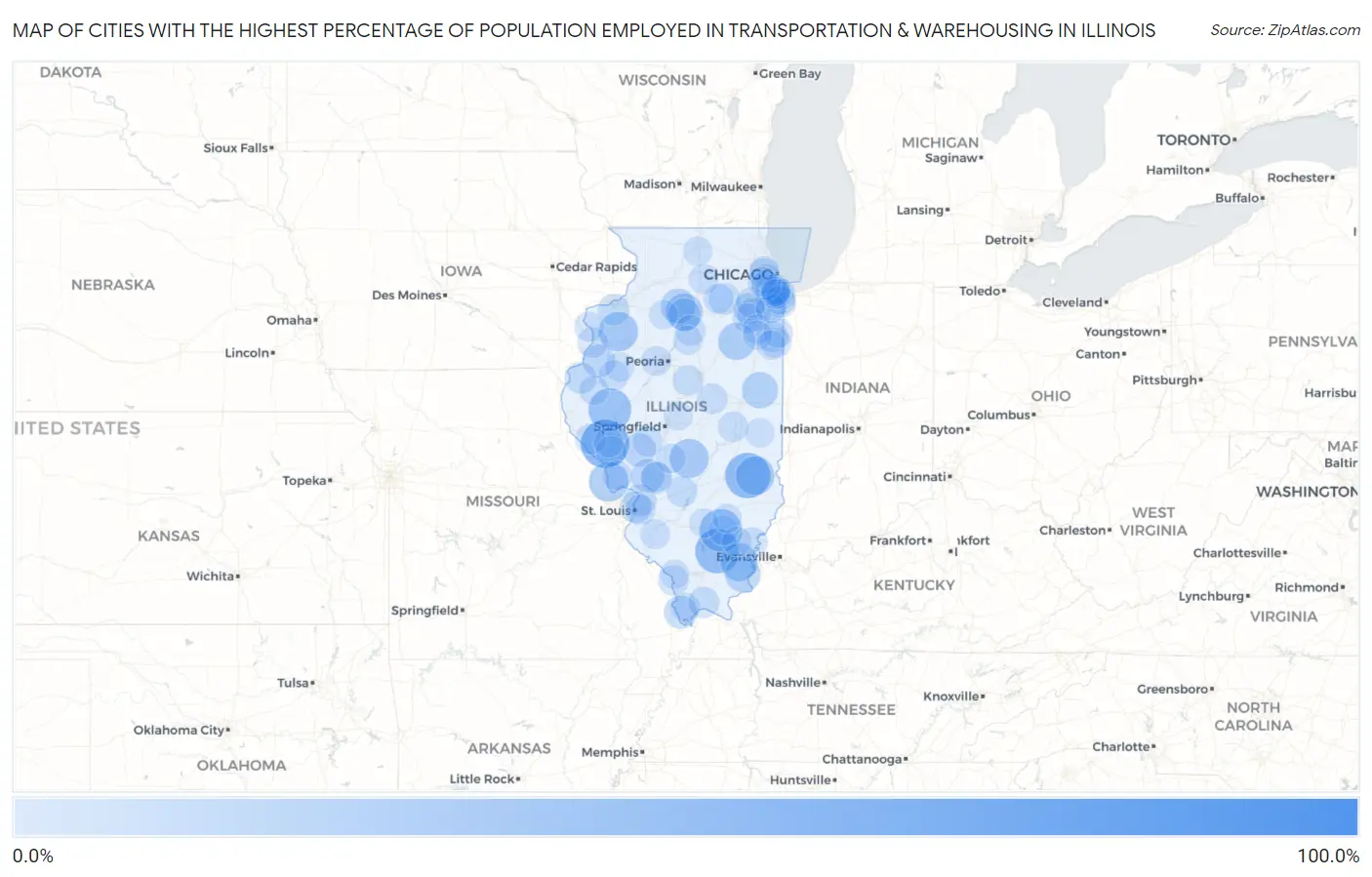 Cities with the Highest Percentage of Population Employed in Transportation & Warehousing in Illinois Map