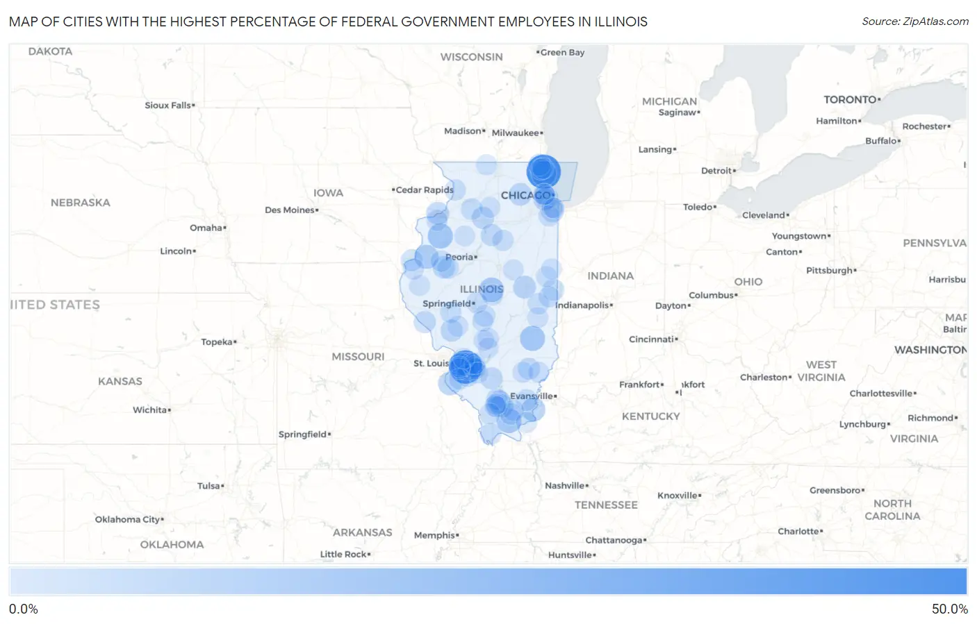 Cities with the Highest Percentage of Federal Government Employees in Illinois Map