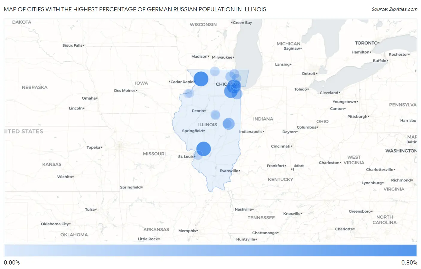 Cities with the Highest Percentage of German Russian Population in Illinois Map