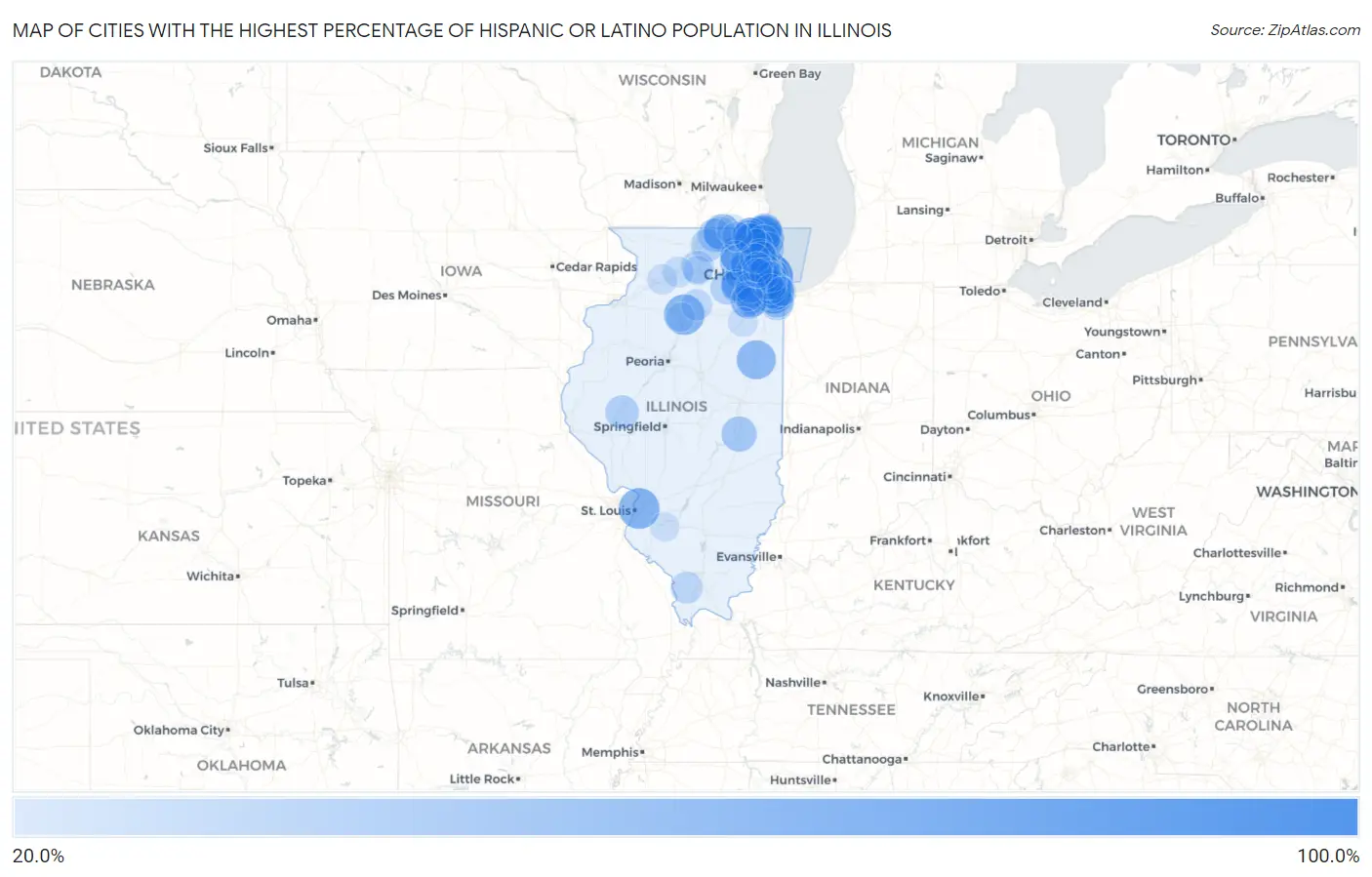 Cities with the Highest Percentage of Hispanic or Latino Population in Illinois Map