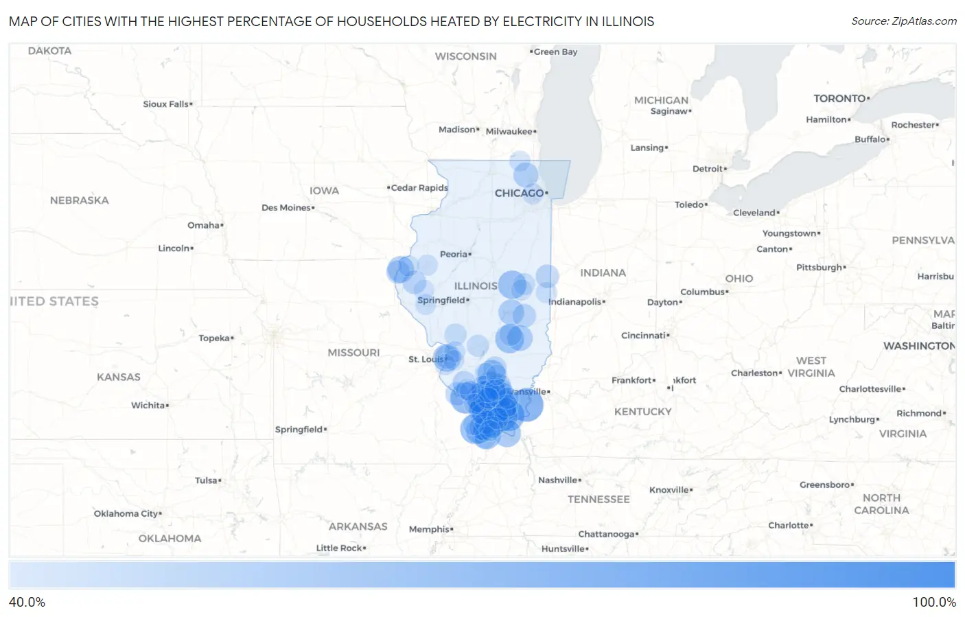 Cities with the Highest Percentage of Households Heated by Electricity in Illinois Map