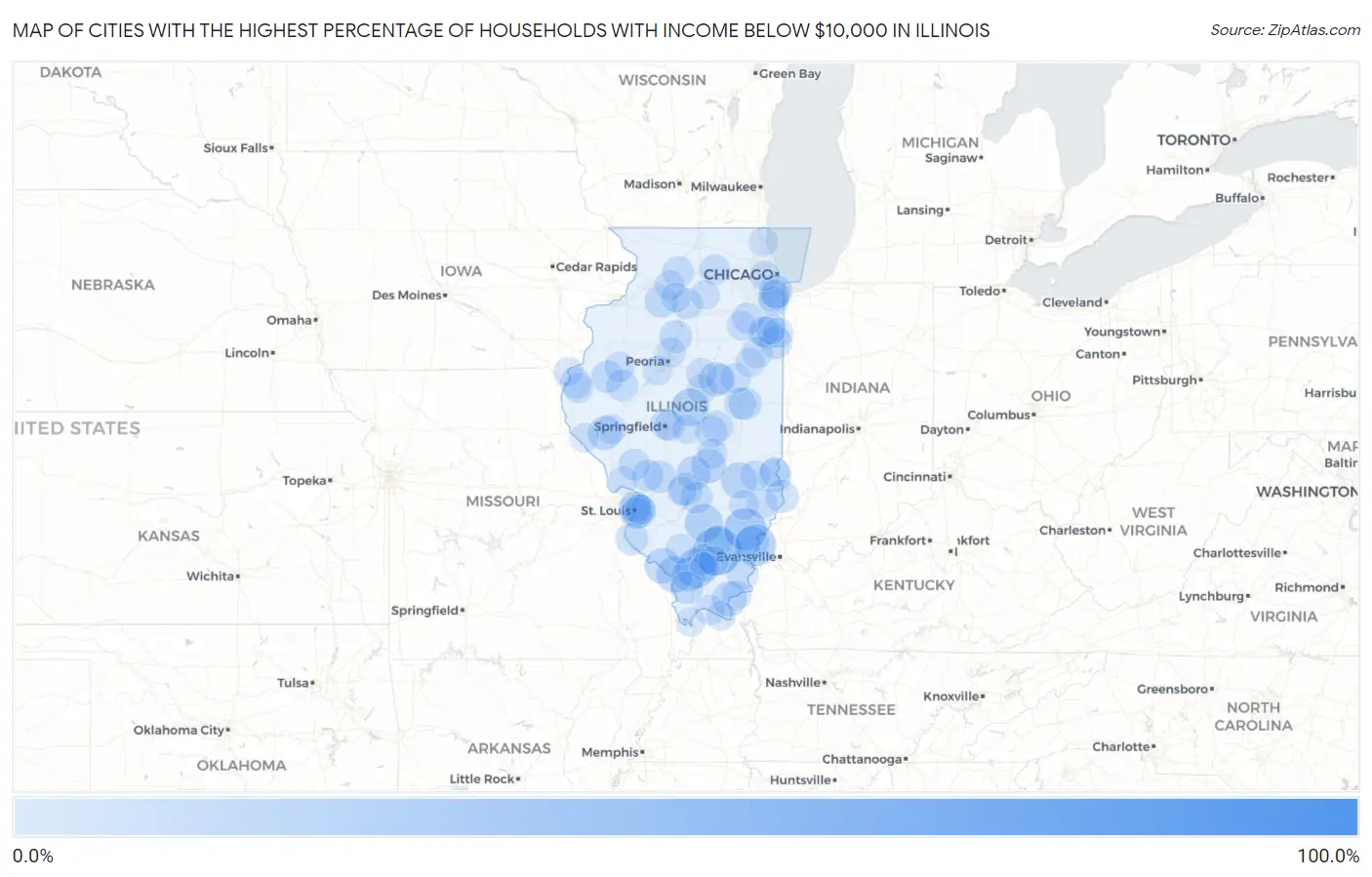 Cities with the Highest Percentage of Households with Income Below $10,000 in Illinois Map
