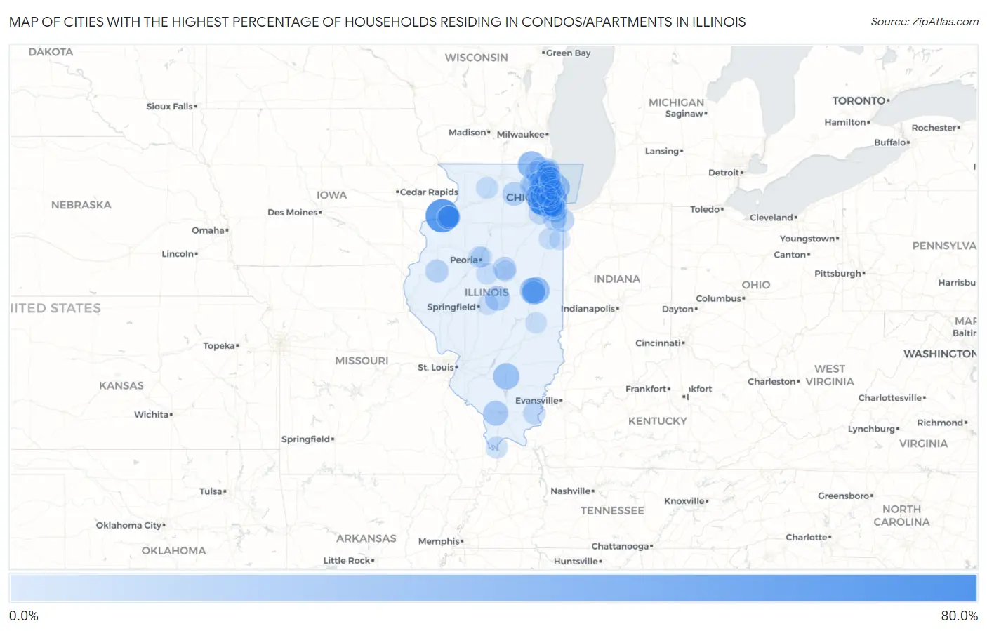 Cities with the Highest Percentage of Households Residing in Condos/Apartments in Illinois Map