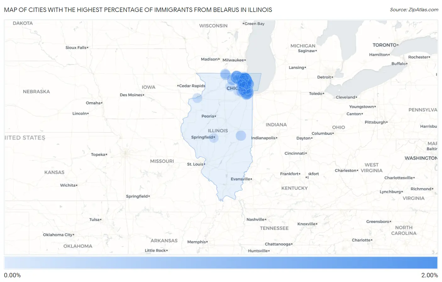 Cities with the Highest Percentage of Immigrants from Belarus in Illinois Map
