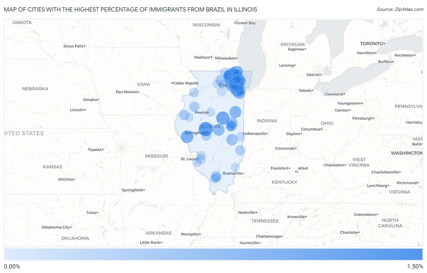 Cities with the Highest Percentage of Immigrants from Brazil in Illinois Map