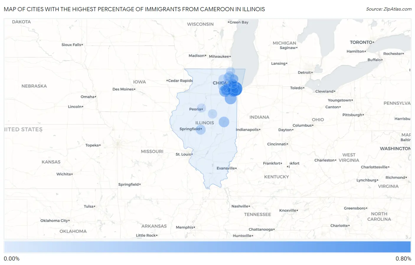 Cities with the Highest Percentage of Immigrants from Cameroon in Illinois Map