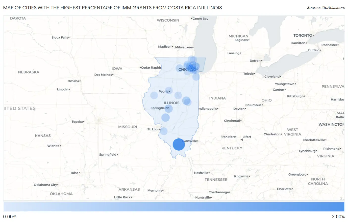 Cities with the Highest Percentage of Immigrants from Costa Rica in Illinois Map