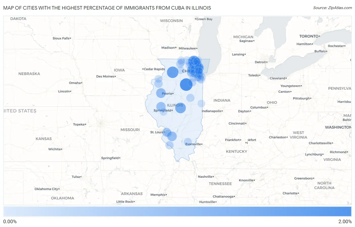 Cities with the Highest Percentage of Immigrants from Cuba in Illinois Map