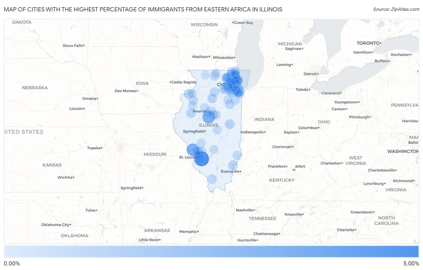 Cities with the Highest Percentage of Immigrants from Eastern Africa in Illinois Map