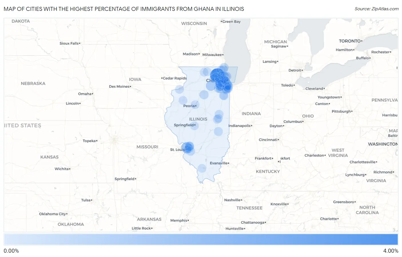 Cities with the Highest Percentage of Immigrants from Ghana in Illinois Map