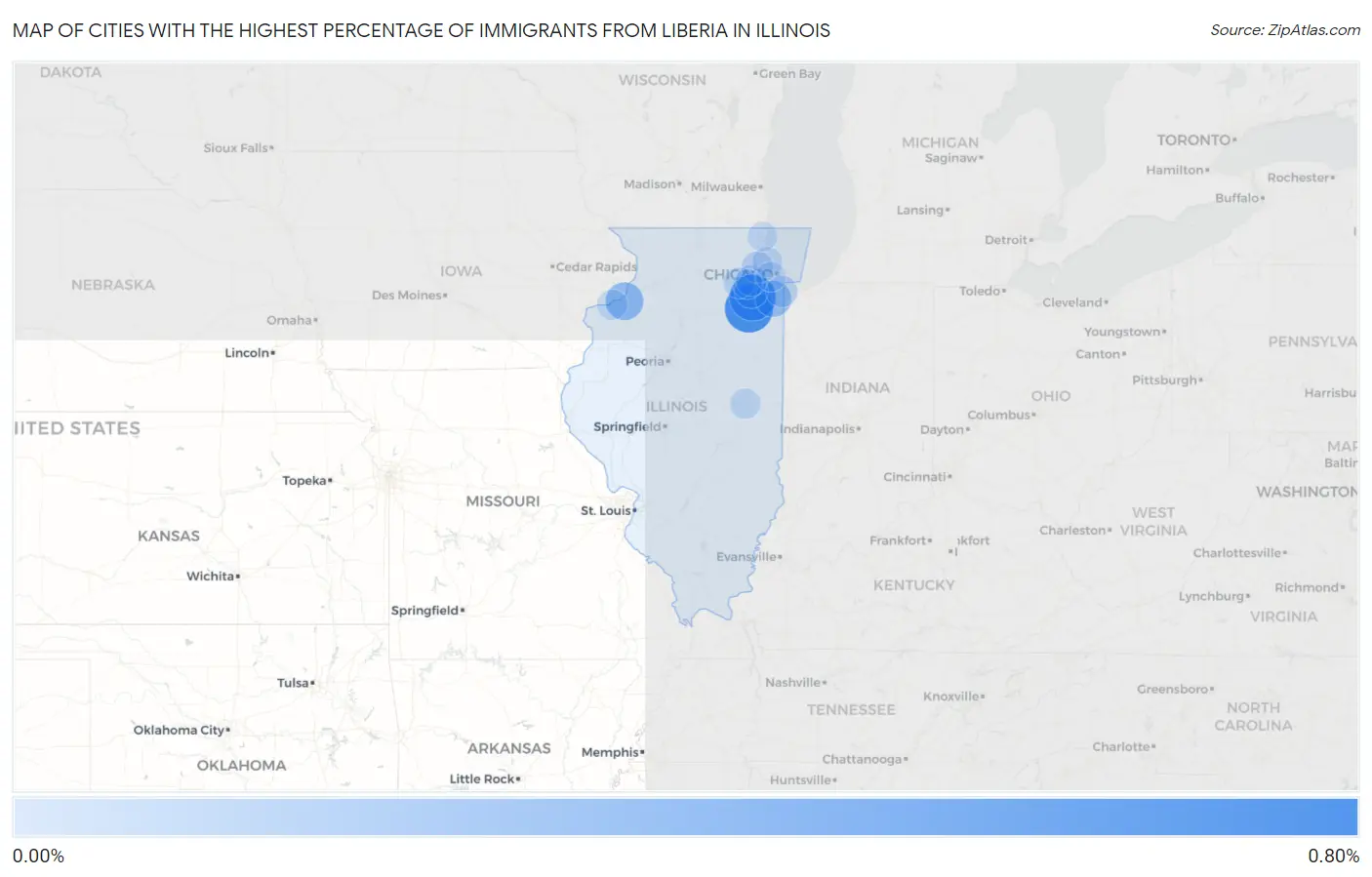 Cities with the Highest Percentage of Immigrants from Liberia in Illinois Map