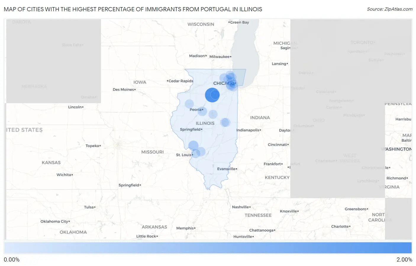 Cities with the Highest Percentage of Immigrants from Portugal in Illinois Map
