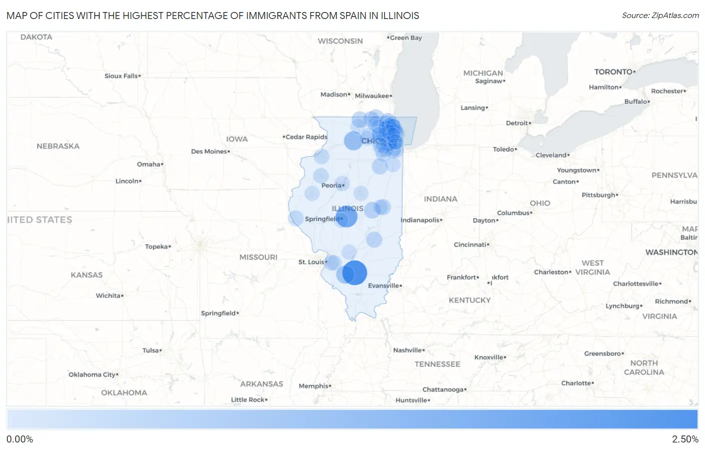 Cities with the Highest Percentage of Immigrants from Spain in Illinois Map