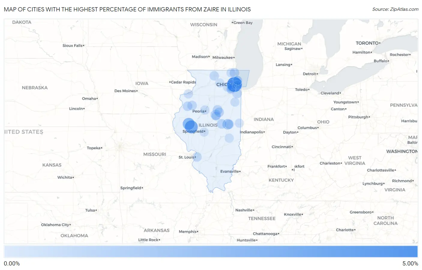 Cities with the Highest Percentage of Immigrants from Zaire in Illinois Map