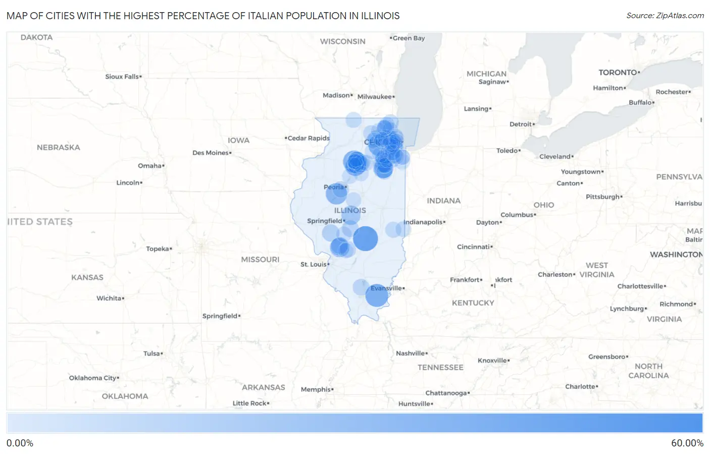 Cities with the Highest Percentage of Italian Population in Illinois Map