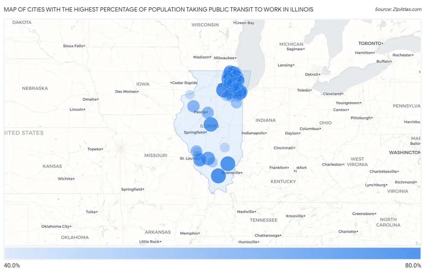Cities with the Highest Percentage of Population Taking Public Transit to Work in Illinois Map