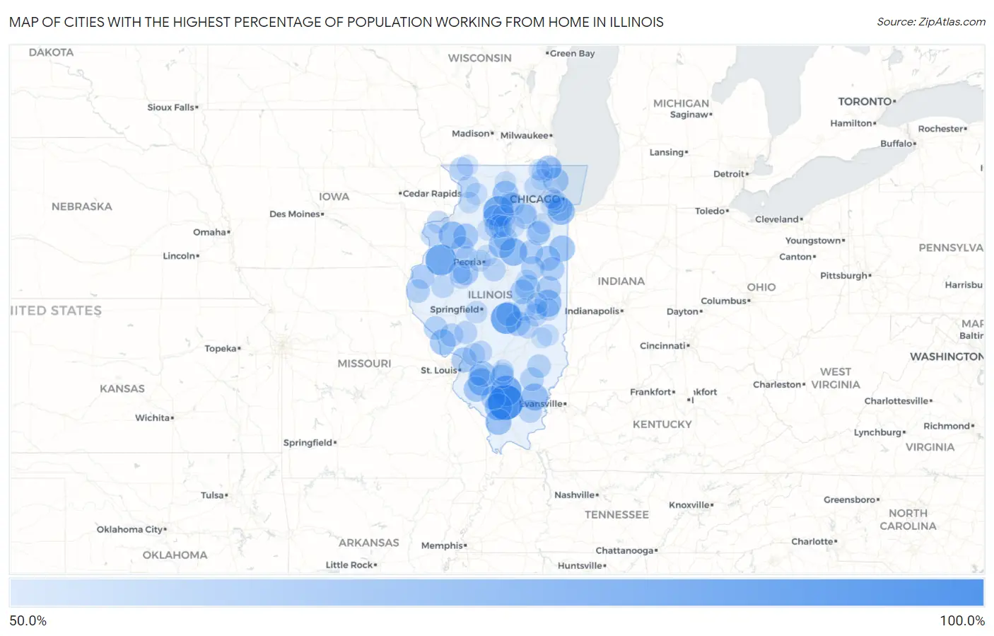 Cities with the Highest Percentage of Population Working from Home in Illinois Map