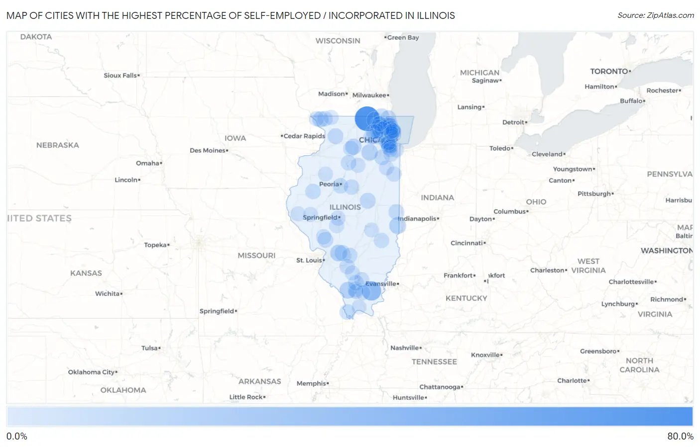 Cities with the Highest Percentage of Self-Employed / Incorporated in Illinois Map