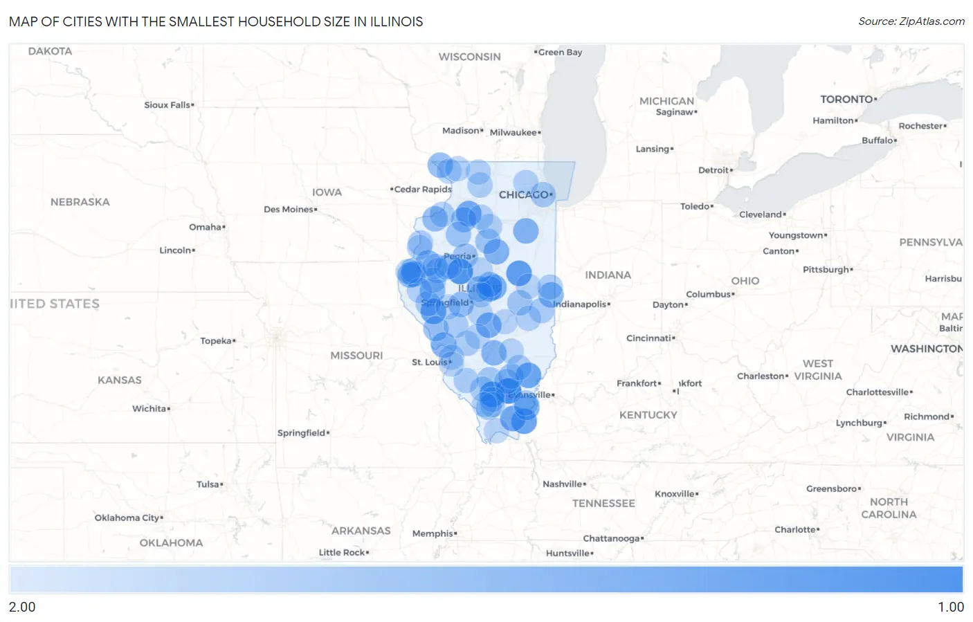 Cities with the Smallest Household Size in Illinois Map