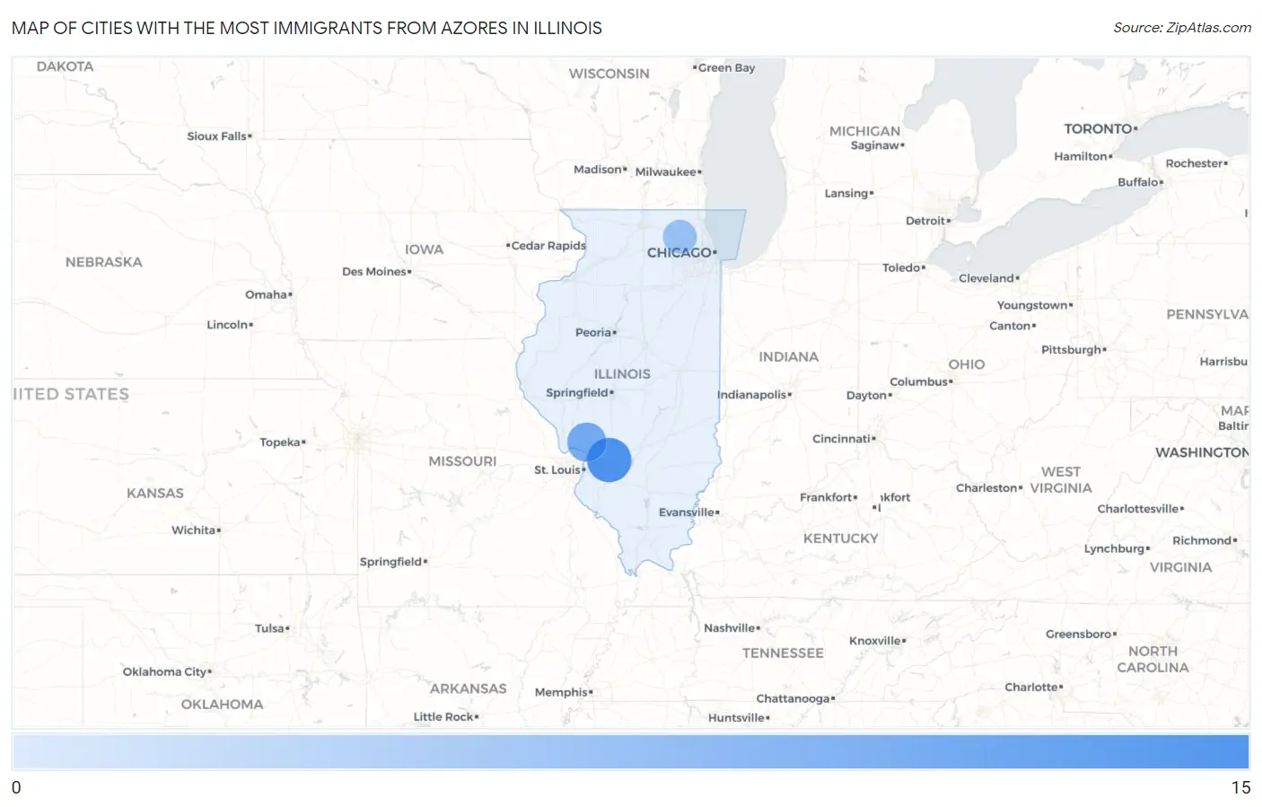 Cities with the Most Immigrants from Azores in Illinois Map