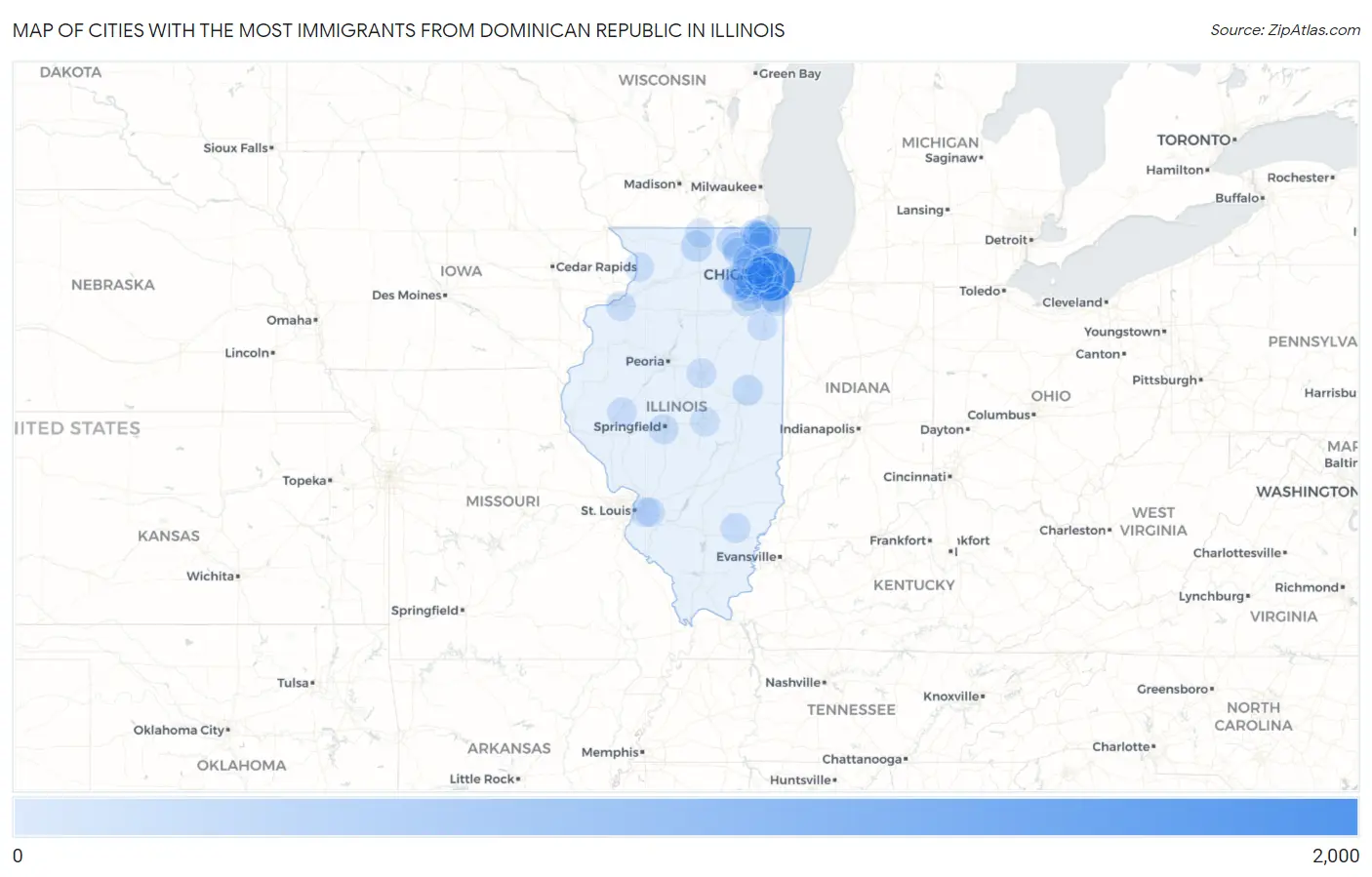 Cities with the Most Immigrants from Dominican Republic in Illinois Map